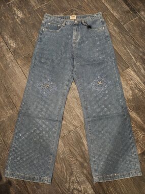 Rhinestone Embellished Blue Denim Jeans